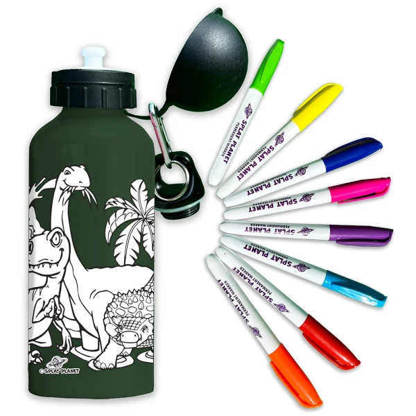 SPLAT PLANET DINOSAUR ALUMINUM COLORING WATER BOTTLE 600ml WITH PERMANENT MARKERS
