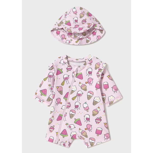 MAYORAL SET ONESIE SWIMMING WITH BEANIE ROSE LEAF