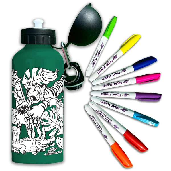 SPLAT PLANET SAFARI ANIMALS ALUMINUM COLORING WATER BOTTLE 600ml WITH PERMANENT MARKERS