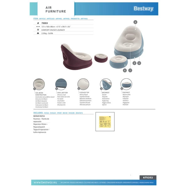 BESTWAY INFLATABLE 121X100X86 cm COMFORT CRUISER LOUNGE LIGHT BLUE