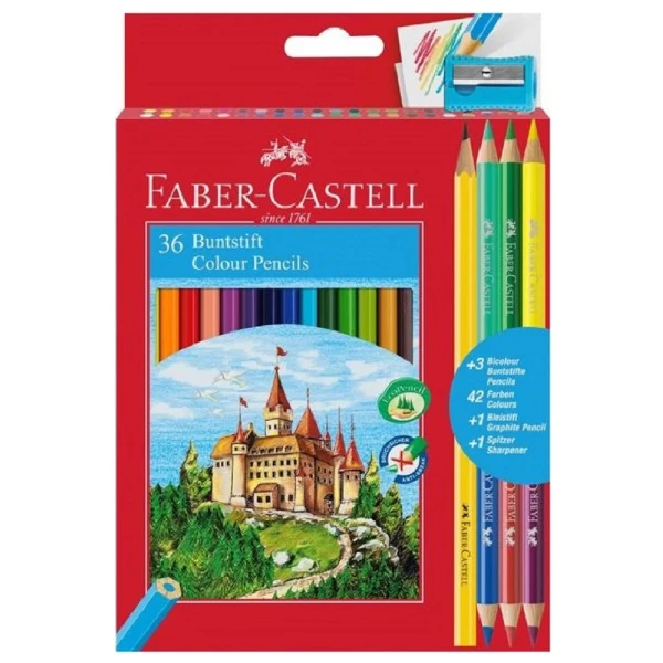 FABER-CASTELL WOODEN COLOURS CASTLE 36 pcs AND 3X2 EXTRA COLOURS WITH GIFT SHARPENER