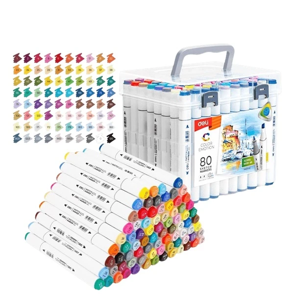 DELI DOUBLE-TIP ALCOHOL-BASED DESIGN MARKERS IN PLASTIC CASE 80 COLORS