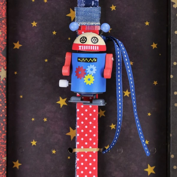 SYNCHRONIA HANDMADE CANDLE 30 cm WOODEN WIND-UP ROBOT BLUE