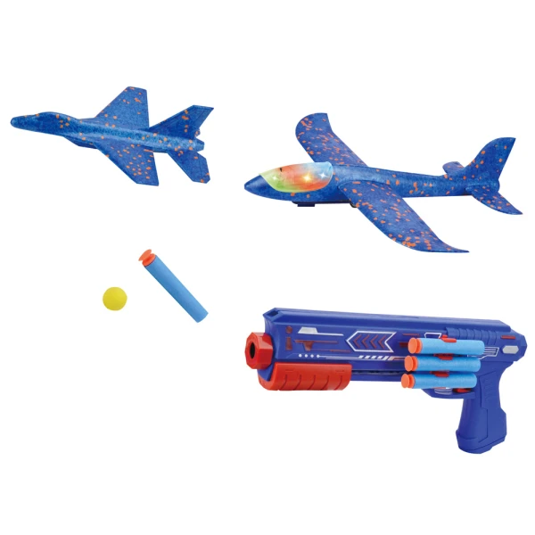 TOY GUN WITH LIGHT THAT FIRES AIRPLANE BALLS AND ARROWS