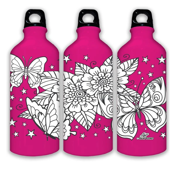SPLAT PLANET BUTTERFLY ALUMINUM COLORING WATER BOTTLE 600ml WITH PERMANENT MARKERS