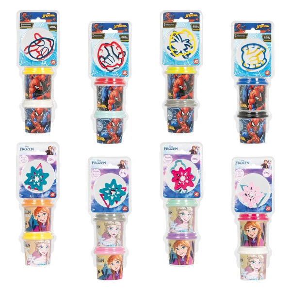 AS DOUGH DISNEY FROZEN & MARVEL SPIDERMAN SET OF 2 DOUGH POTS WITH 2 CUTTERS 228gr FOR AGES 3+ - 8 DESIGNS