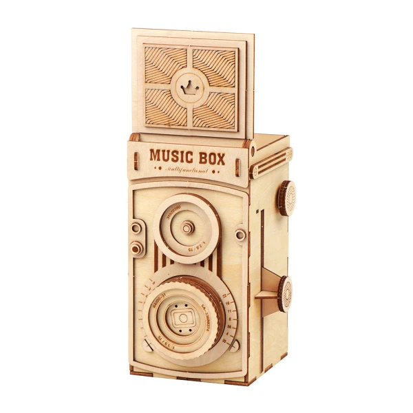 WOODEN CONSTRUCTION VINTAGE CAMERA MUSIC BOX