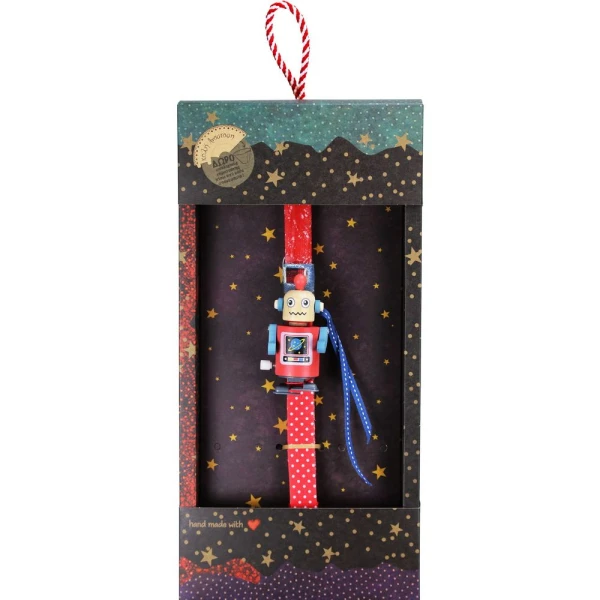 SYNCHRONIA HANDMADE CANDLE 30 cm WOODEN WIND-UP ROBOT RED