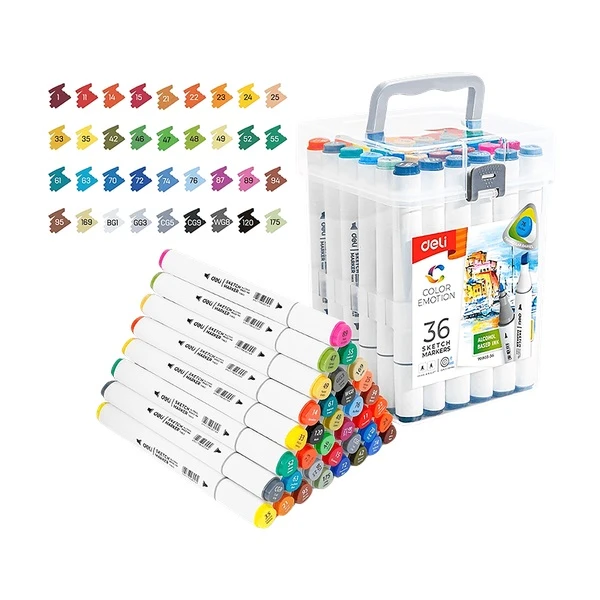 DELI DOUBLE-TIP ALCOHOL-BASED DESIGN MARKERS IN PLASTIC CASE 36 COLORS