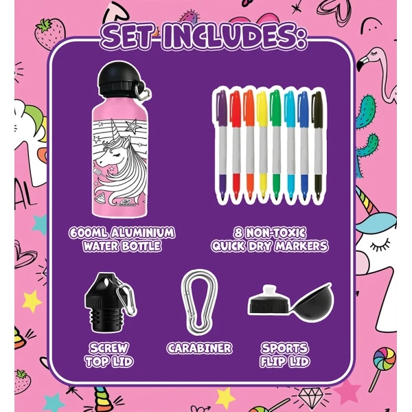 SPLAT PLANET UNICORN ALUMINUM COLORING WATER BOTTLE 600ml WITH PERMANENT MARKERS