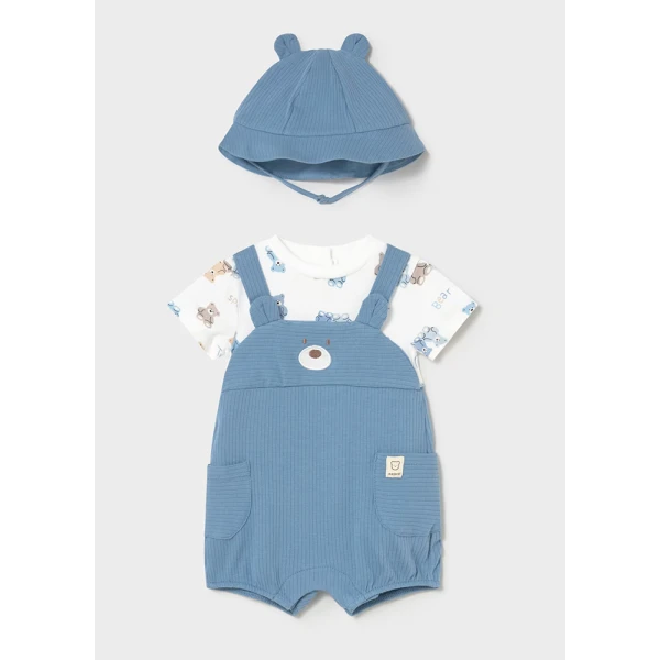 MAYORAL DUNGAREE ROMPER AND HAT SOFT BLUE