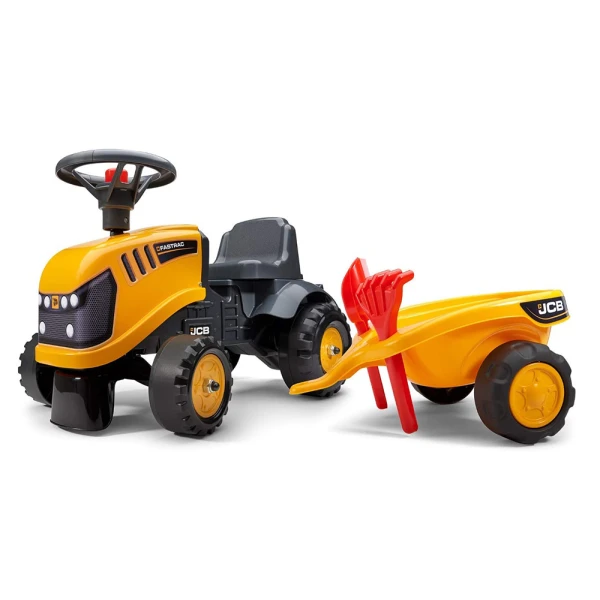 FALK BABY JCB FASTRAC RIDE-ON WITH TRAILER, REKE & SHOVEL
