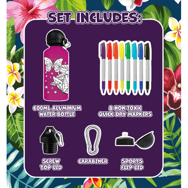 SPLAT PLANET BUTTERFLY ALUMINUM COLORING WATER BOTTLE 600ml WITH PERMANENT MARKERS