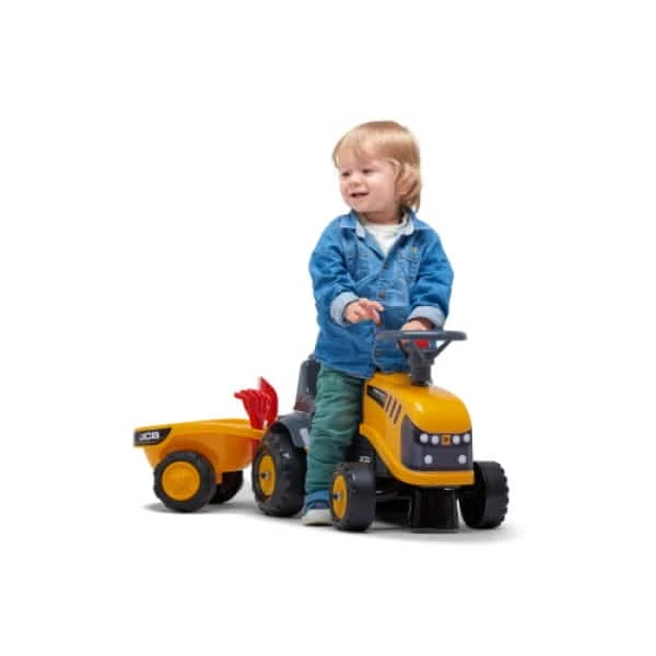 FALK BABY JCB FASTRAC RIDE-ON WITH TRAILER, REKE & SHOVEL