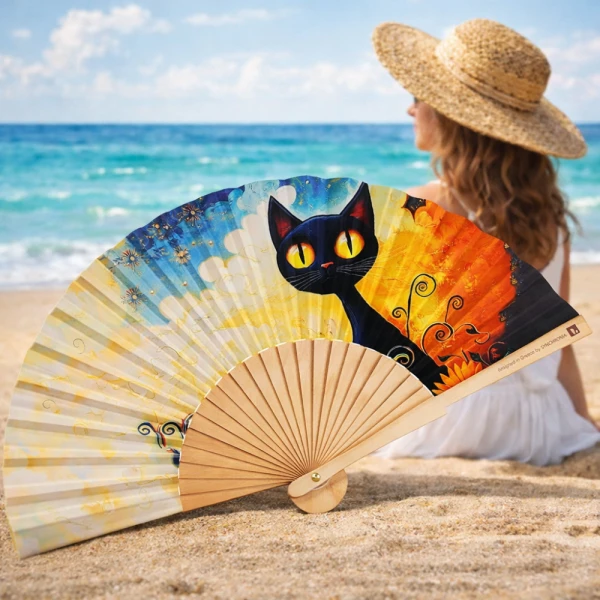 WOODEN FAN 23cm. - CAT IN THE CLOUDS