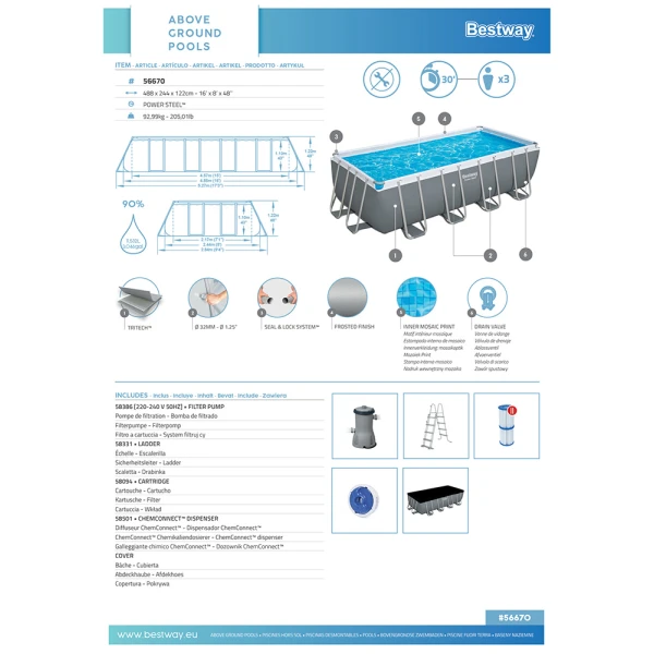 BESTWAY ΣΕΤ ΟΡΘΟΓΩΝΙΑ ΠΙΣΙΝΑ 488X244Χ122 εκ. POWER STEEL