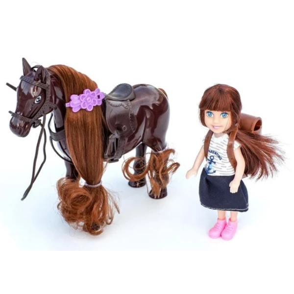 12cm. DOLL WITH DARK BROWN HORSE