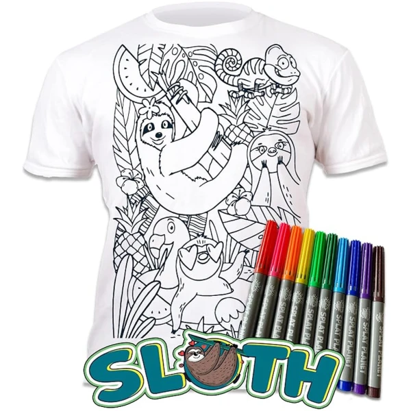 SPLAT PLANET WASHABLE COLOURING T-SHIRT SLOTH JUNGLE WITH MARKERS (7-8 YEARS)