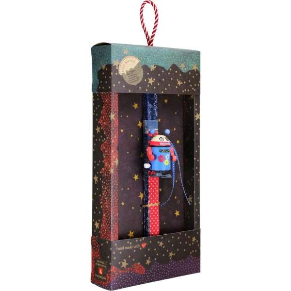 SYNCHRONIA HANDMADE CANDLE 30 cm WOODEN WIND-UP ROBOT BLUE