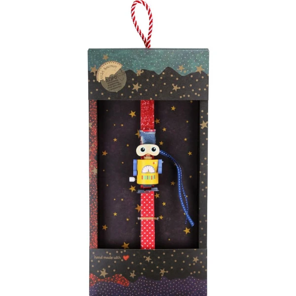 SYNCHRONIA HANDMADE CANDLE 30 cm WOODEN WIND-UP ROBOT YELLOW