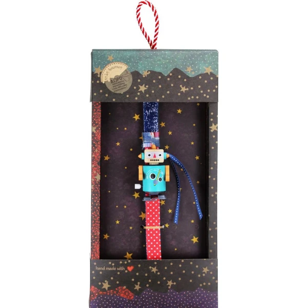 SYNCHRONIA HANDMADE CANDLE 30 cm WOODEN WIND-UP ROBOT TEAL
