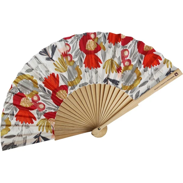 WOODEN FAN 23cm. - SOFT GREY FLOWERS