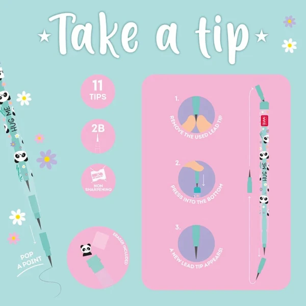 LEGAMI STACKABLE PENCIL WITH ERASER TAKE A TIP - PANDA