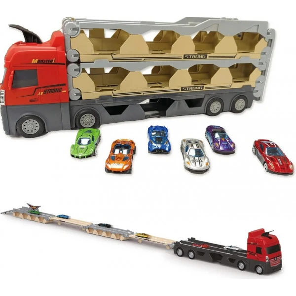 TRANSPORTER TRUCK WITH 6 CARS, CATAPULT & STRAIGHT TRACK 207 cm.