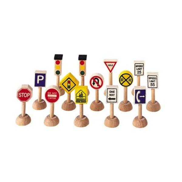 ΞΥΛΙΝΟ ΠΑΙΧΝΙΔΙ PLAN TOYS - SET OF TRAFFIC SIGNS & LIGHTS (USA)