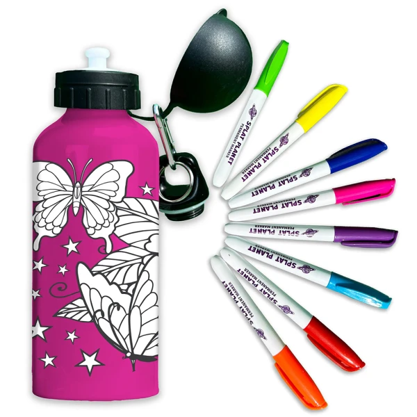 SPLAT PLANET BUTTERFLY ALUMINUM COLORING WATER BOTTLE 600ml WITH PERMANENT MARKERS