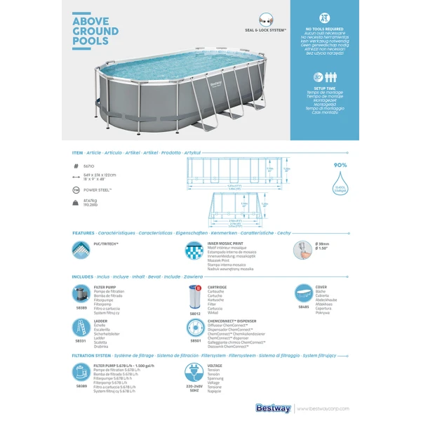 BESTWAY OVAL FAMILY POOL 549X274X122 cm SET POWER STEEL