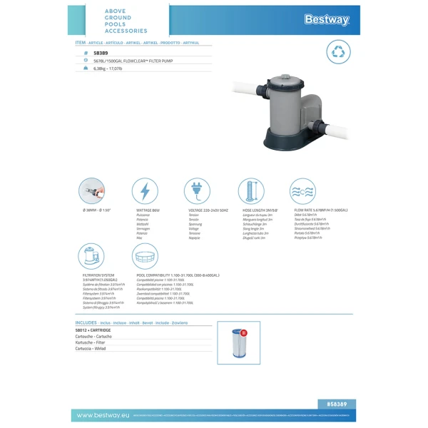 BESTWAY FLOWCLEAR 5678L/1500gal  FILTER PUMP