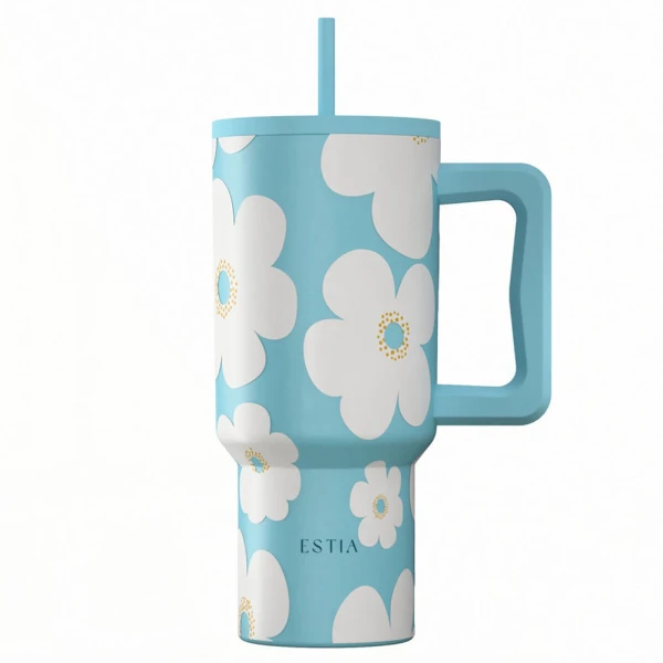 ESTIA HOME ART THERMAL BOTTLE STRAW TUMBLER XL 900ml - BLUE DAISY