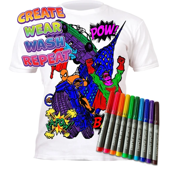 SPLAT PLANET WASHABLE COLOURING T-SHIRT SUPER HEROES WITH MARKERS (7-8 YEARS)